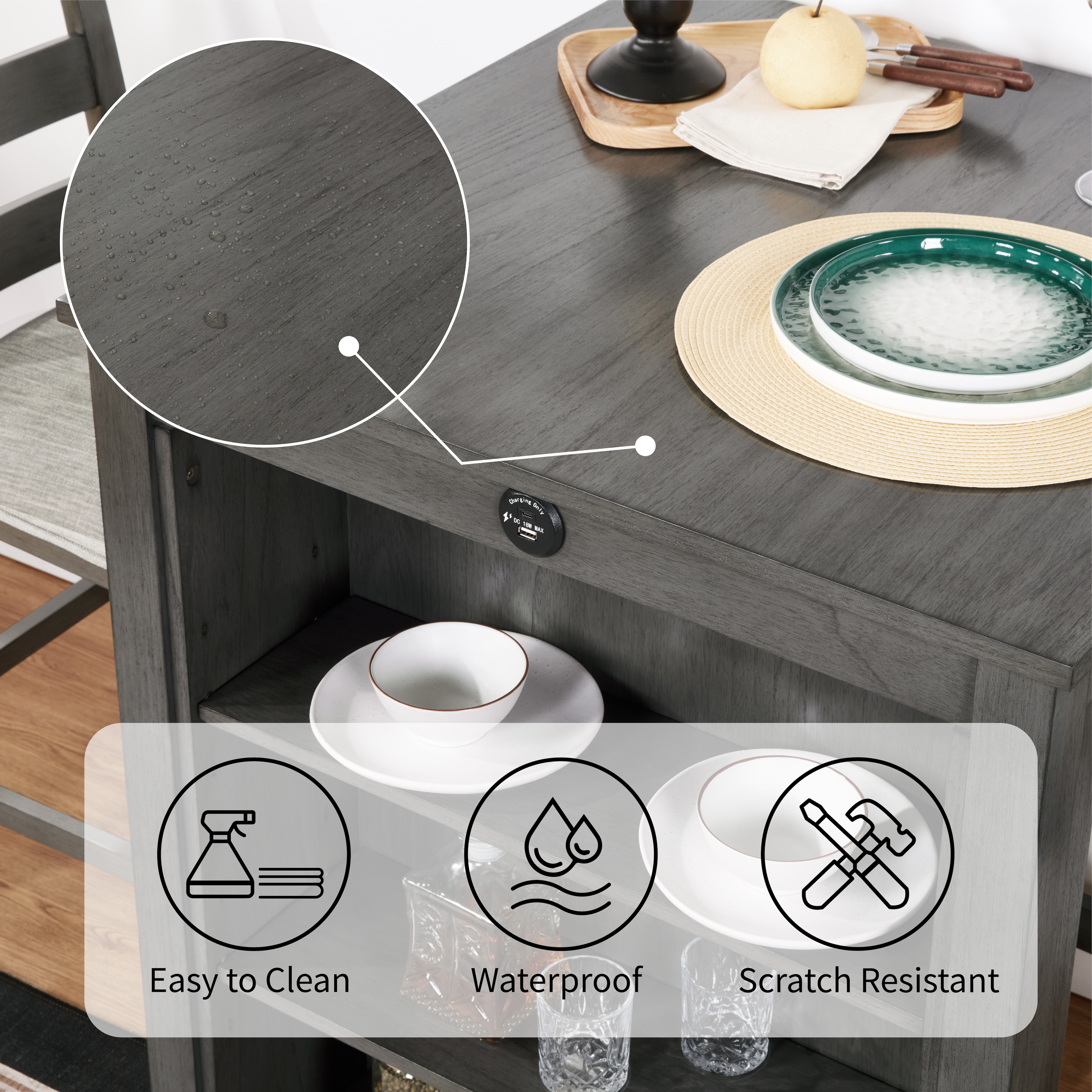 30" Modern Dining Table Set for 2 with Charging Station & 3-Tier Adjustable Storage | Space-Saving Kitchen Set with Upholstered Chairs for Small Spaces, Apartment,Gray 30" Modern Dining Table Set for 2 with Charging Station & 3-Tier Adjustable Storage | Space-Saving Kitchen Set with Upholstered Chairs for Small Spaces, Apartment,Gray